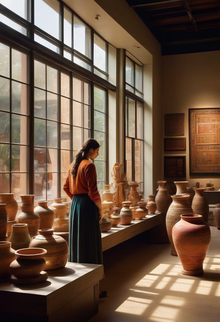 A visionary curator surrounded by diverse cultural artifacts, including ancient pottery, textiles, and historical documents, engaged in contemplative dialogue with visitors. The setting is a modern museum with large windows allowing natural light to flood in, highlighting the textures and colors of the displays. A diverse group of visitors, young and old, interact with the exhibits, captivated by the stories behind them. The atmosphere exudes a sense of learning and discovery, depicting the interconnectedness of past and present. super-realistic. vibrant colors. modern setting.