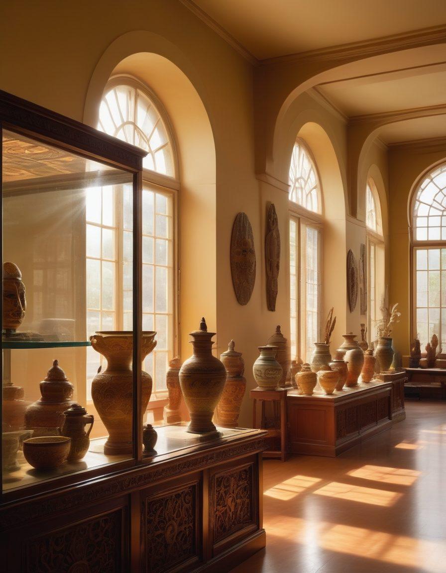A detailed, warm-lit museum interior showcasing a diverse array of cultural artifacts from around the world: ancient pottery, ornate textiles, and mysterious masks displayed elegantly in glass cases. Incorporate visitors of different ethnicities admiring the pieces, with soft rays of sunlight filtering through large windows, creating a welcoming atmosphere. rich colors, super-realistic, inviting ambiance.