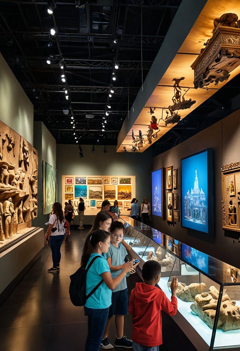 A vibrant museum scene showcasing interactive exhibits featuring cultural artifacts. Highlight a diverse group of people, including children and adults, engaging with displays, touching, and observing artifacts. Include colorful digital interfaces, ancient relics, and historical items in glass cases, with an ambiance that reflects curiosity and learning. Warm lighting and a modern architectural backdrop enhance the atmosphere. super-realistic. vibrant colors. 3D.